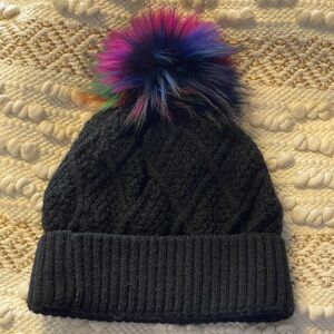 Black Knit Beanie with Multicolor Pom